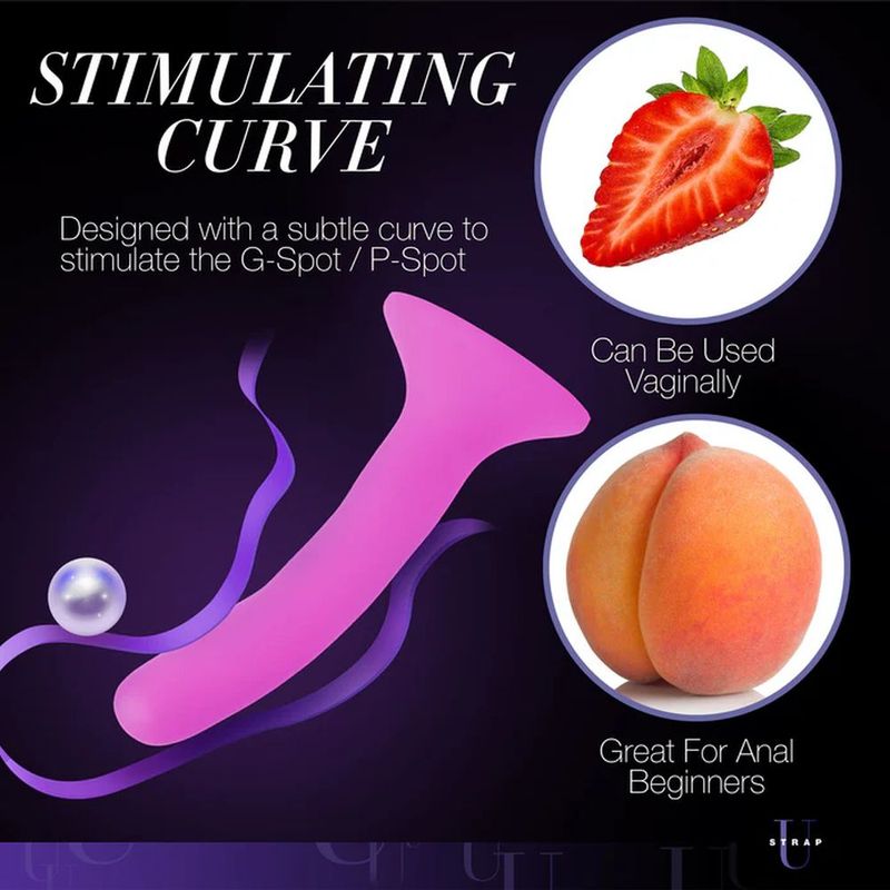 Pink silicone strap-on dildo with a subtle curve for G-spot and P-spot stimulation, versatile use for beginners.