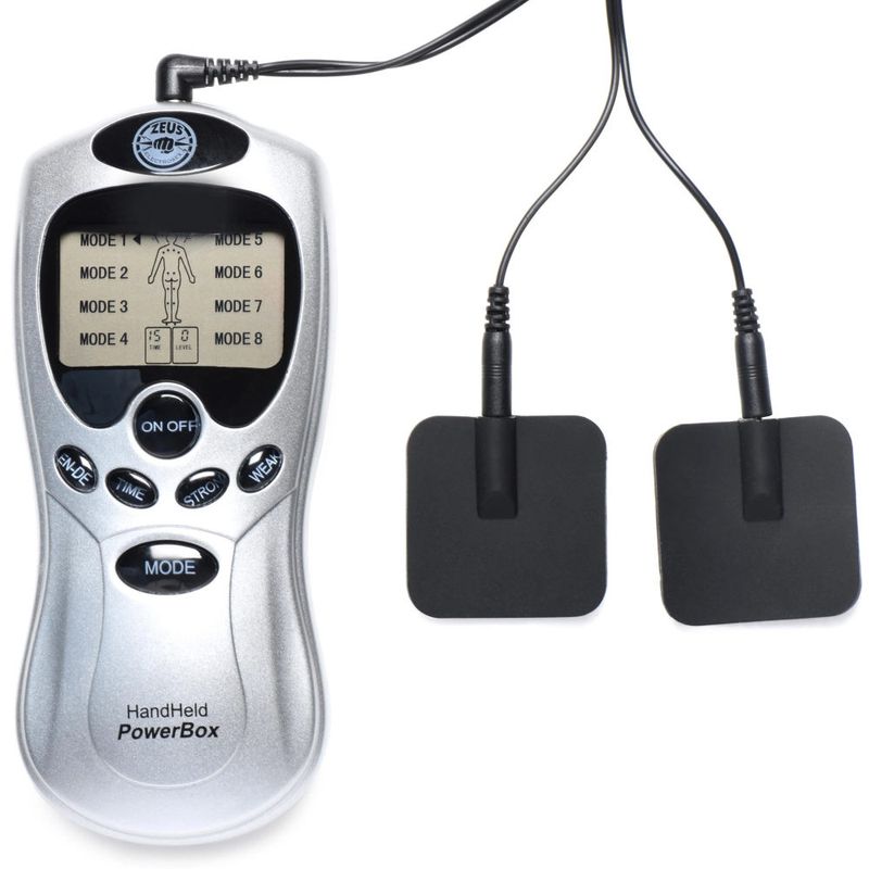 Zeus handheld power box with black pads showcasing 8 modes and intensity levels for e-stim pleasure.