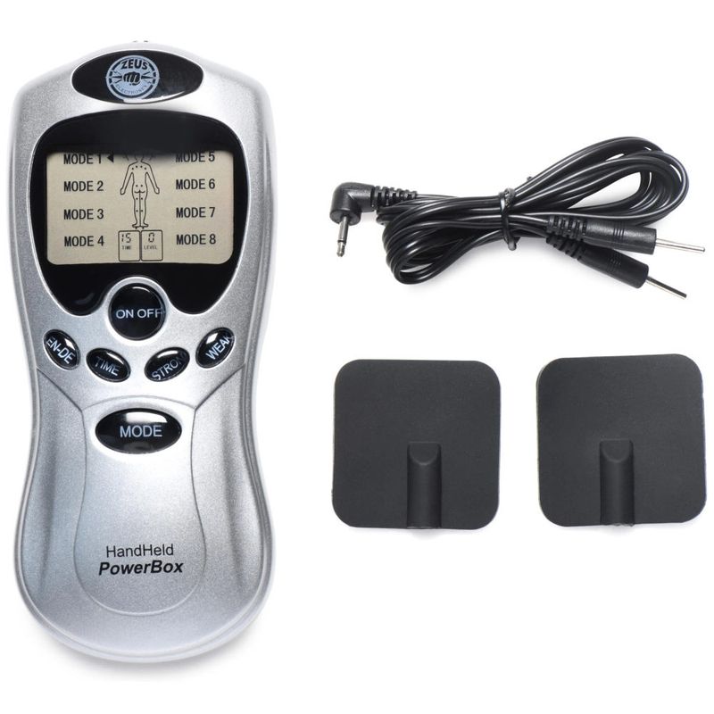 Zeus handheld power box with black pads, display, cable, and portable design for e-stim enjoyment.