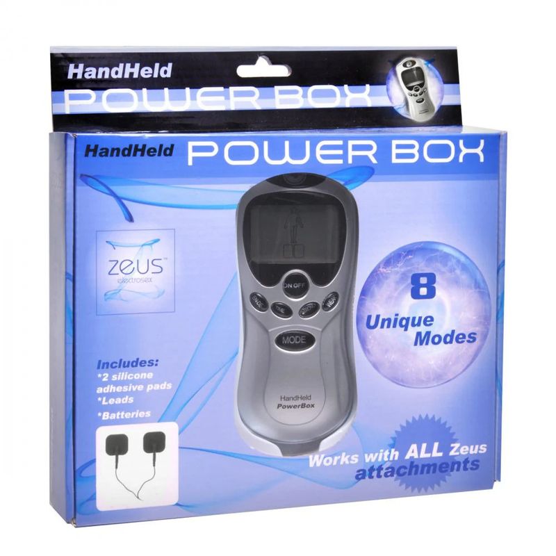 Zeus handheld power box packaging featuring 8 unique modes and black silicone pads for e-stim pleasure.
