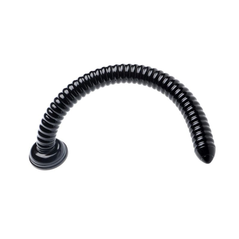 Hosed 19in ribbed dildo with suction base for enhanced pleasure and control during use.