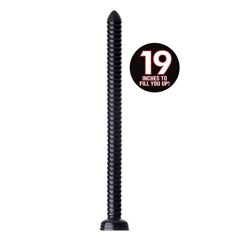Hosed 19in ribbed dildo with suction base for enhanced pleasure and control during use.