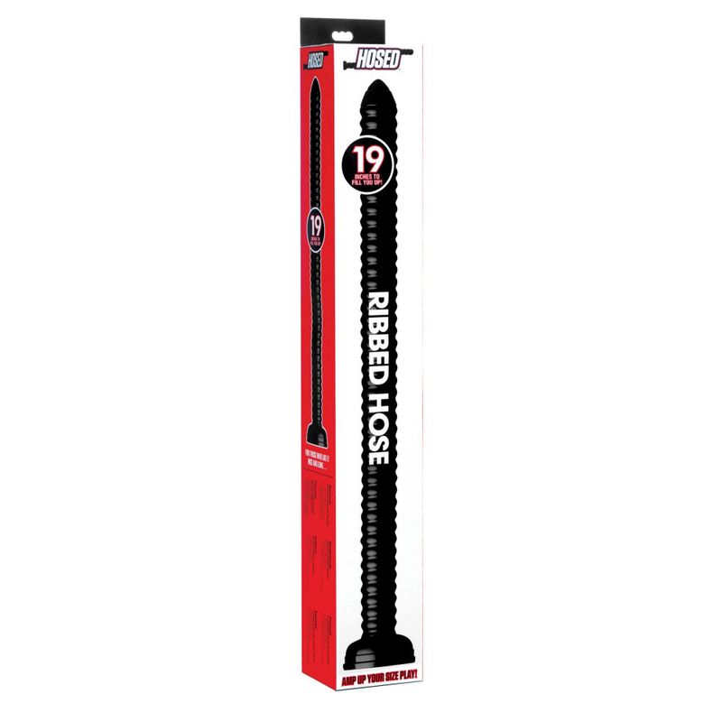 Hosed 19in ribbed dildo with suction base packaged for ultimate size play and sensation.