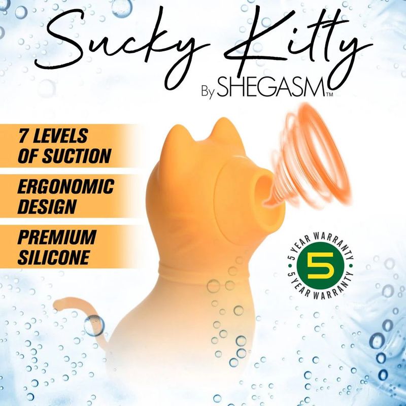 Sucky Kitty 7X Clitoral Stimulator Orange featuring 7 levels of suction, ergonomic design, and premium silicone. Clitoral stimulator with suction.