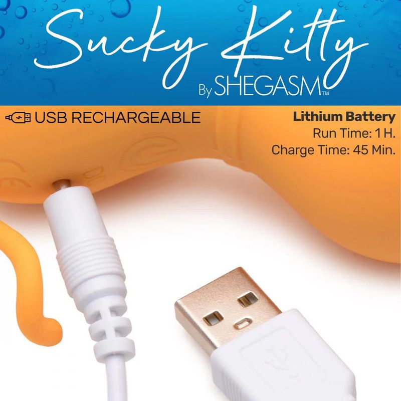 Sucky Kitty 7X clitoral stimulator with suction USB rechargeable lithium battery specifications.