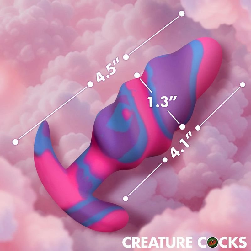 Unicorn swirl silicone butt plug with unique swirling design and measurements displayed over a whimsical background.