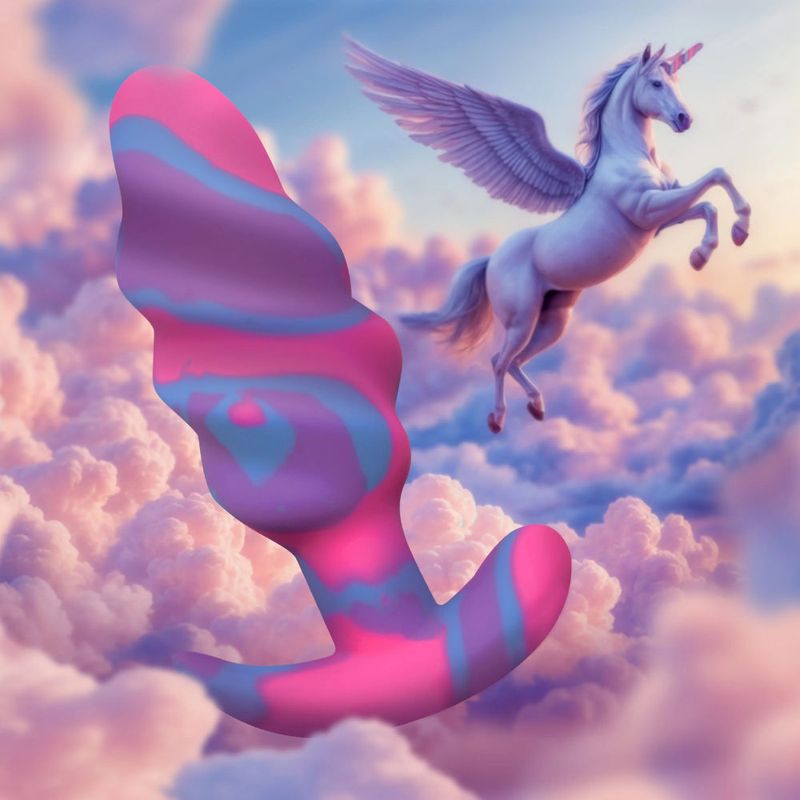 Unicorn Swirl Silicone Butt Plug Medium, featuring a vibrant pink and blue design against a dreamy background.