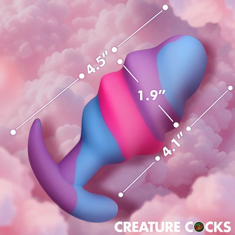 Unicorn swirl silicone butt plug large displayed with measurements on a soft cloud background.