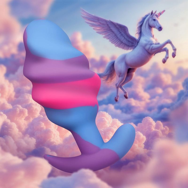 Unicorn Swirl Silicone Butt Plug Large with pink and blue swirls, against a dreamy unicorn background.