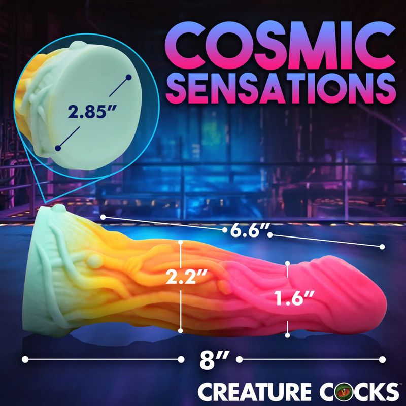Cosmic Sensations toy dimensions and features, showcasing an 8-inch colorful silicone dildo with unique textures.