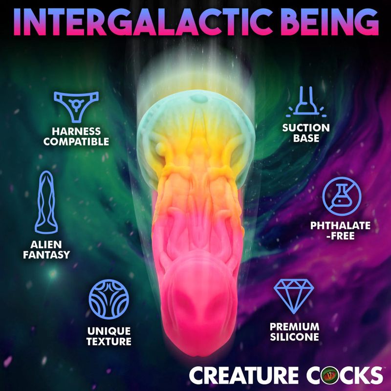 Intergalactic Being silicone dildo with suction base, harness compatible, unique texture, phthalate-free, alien fantasy design.