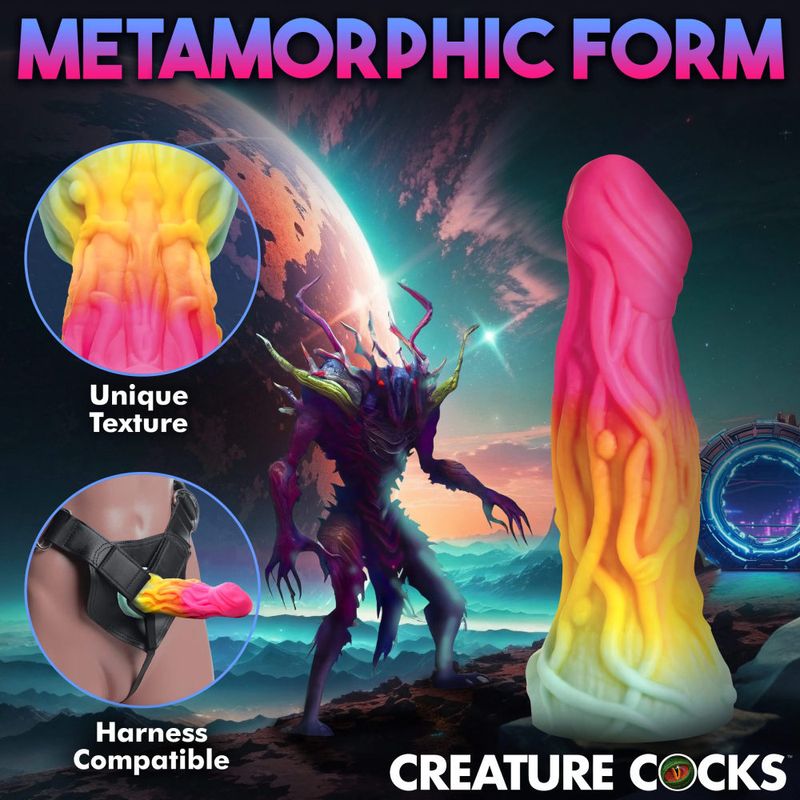 Colorful Metamorphic Form silicone dildo with unique texture, harness compatible for versatile play.