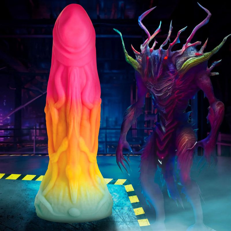Shape Shifter Alien Silicone Dildo beside a colorful mystical creature in a vibrant fantasy setting.