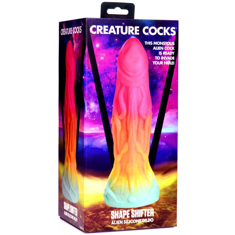 Shape Shifter Alien Silicone Dildo packaging featuring vibrant colors and enticing design for adult entertainment.