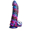 Alienoid silicone dildo featuring a textured shaft in vibrant colors of red, purple, blue, and specks of glitter.