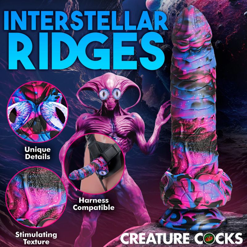 Alienoid silicone dildo featuring interstellar ridges, unique details, and stimulating texture for an out-of-this-world experience.