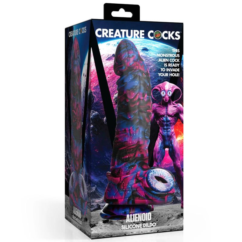 Alienoid Silicone Dildo packaging featuring vibrant colors and monster design, perfect for cosmic adventures.
