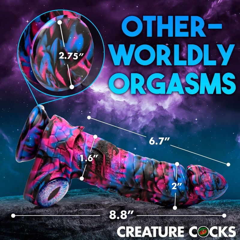 Alienoid silicone dildo showcasing vibrant colors and unique textures for other-worldly orgasms.
