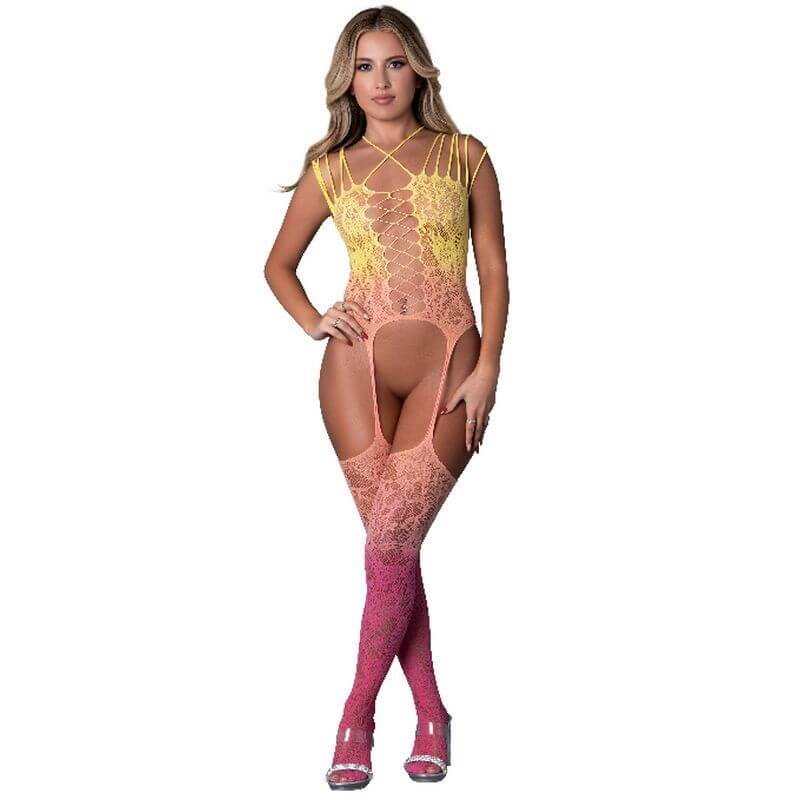 Ombre body stocking featuring a yellow to peach gradient and transparent knit detail, perfect for a stunning look.