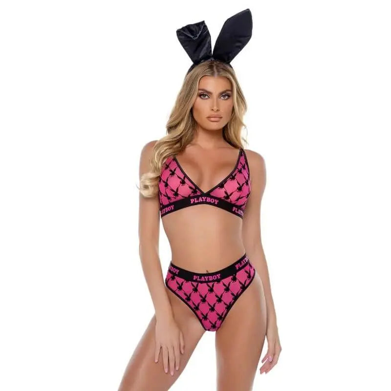 Playboy Flocked Bunny 2 Pc Lingerie Set Black Playboy Lingerie Discreet Intimate Essentials.
