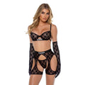 Playboy Flocked Bunny Chaps 3 Pc Set Black featuring plunge cut bra, thong, and flexible chaps in black flocked bunny design.