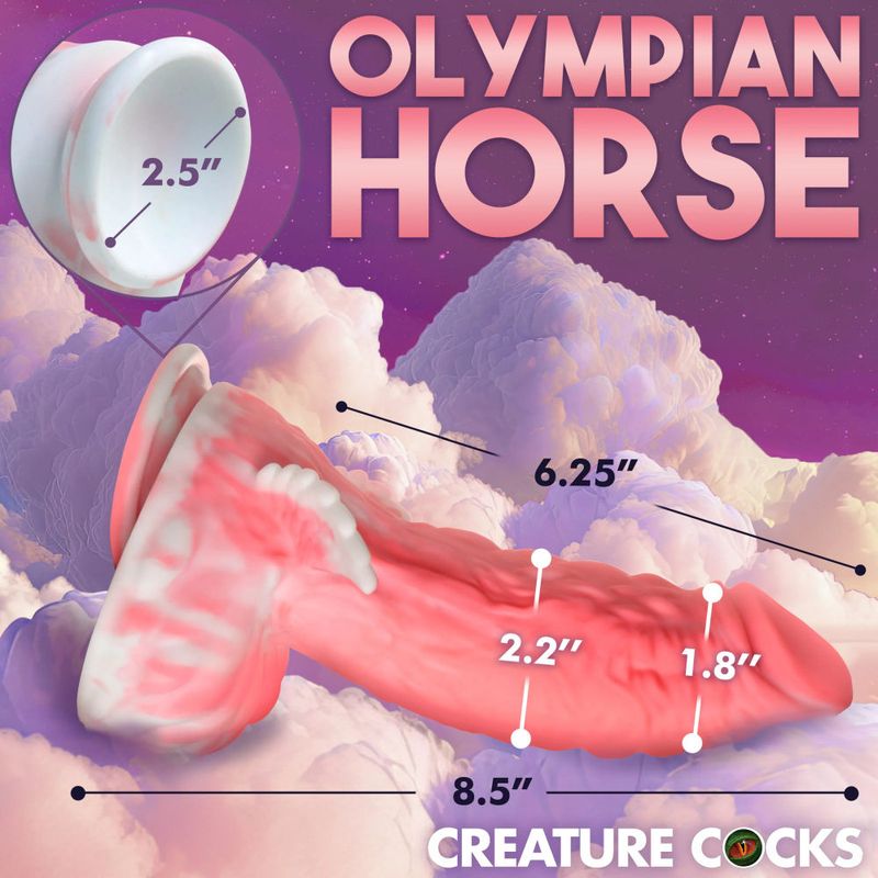 Olympian Horse dildo showcasing measurements and design features from Creature Cocks, perfect for adult novelty exploration.