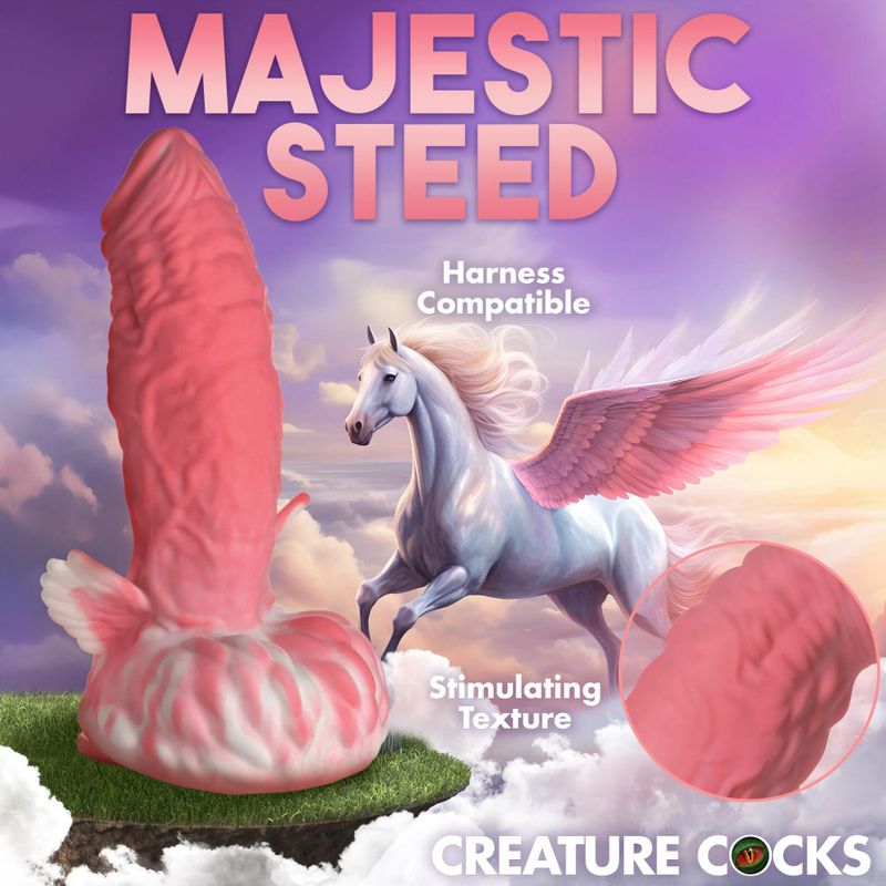Majestic Steed winged silicone dildo with stimulating texture, harness compatible for enhanced pleasure.