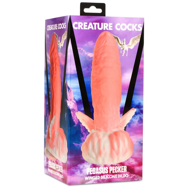 Pegasus Pecker Winged Silicone Dildo in colorful packaging with fantasy design