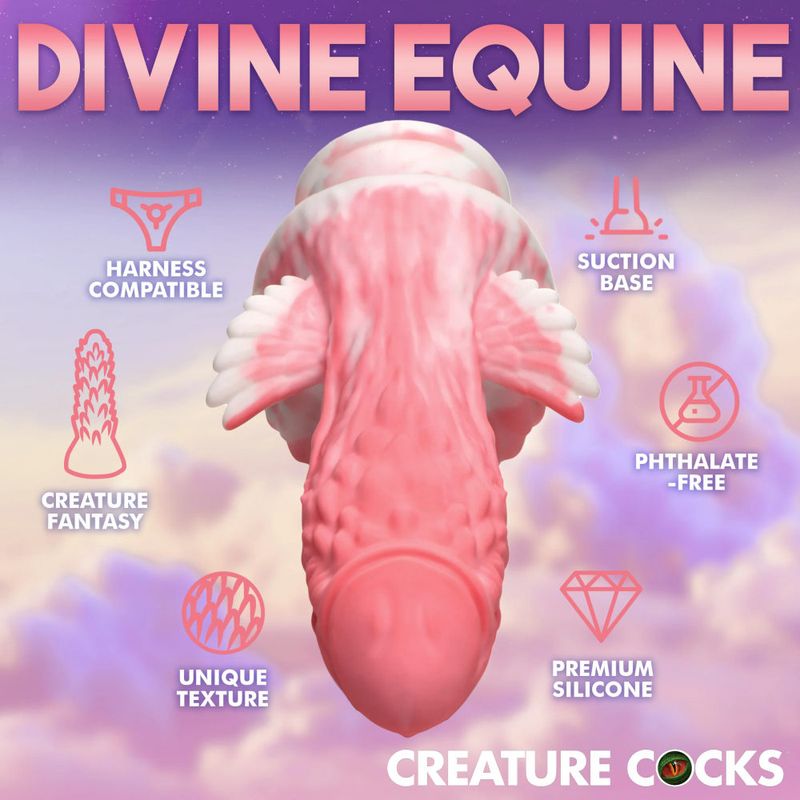 Divine Equine Pegasus Pecker Winged Silicone Dildo with unique texture and suction base, made from premium phthalate-free silicone.