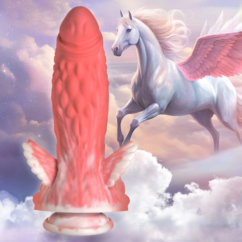 Pegasus Pecker Winged Silicone Dildo against a dreamy unicorn background, showcasing its unique design and colors.