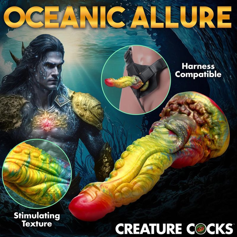 Majestic Merman Silicone Dildo with oceanic colors and stimulating texture for deep exploration and harness compatibility.