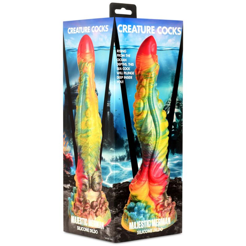 Majestic Merman Silicone Dildo packaged in colorful design, ideal for intimate essentials for her and exploring desires.
