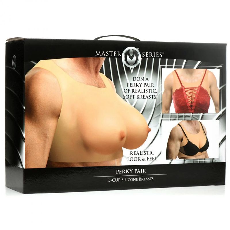 Packaging of Perky Pair D Cup Silicone Breasts highlighting realistic look and feel with model wearing them.