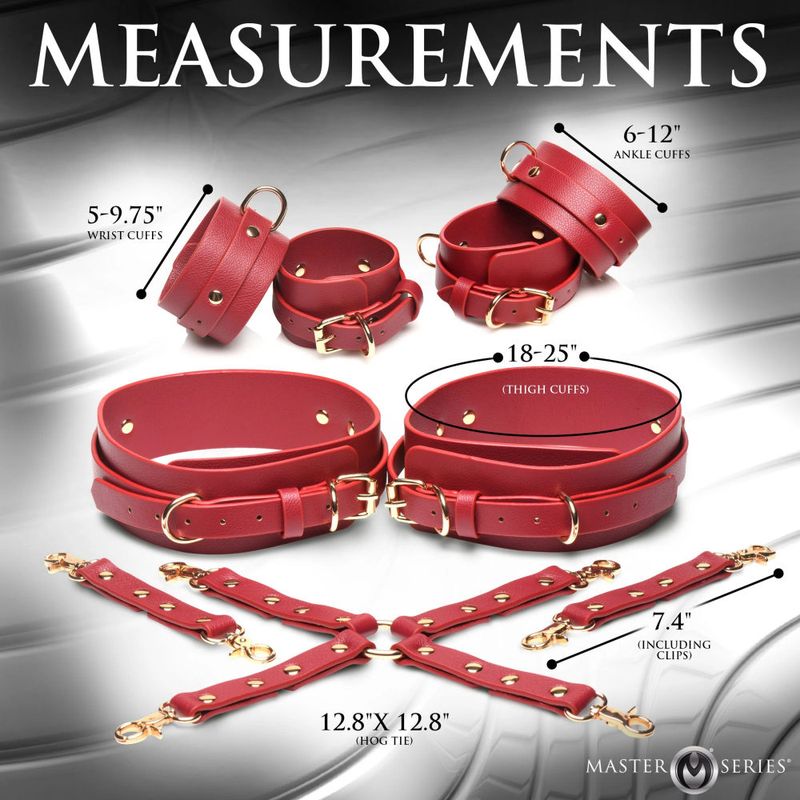 Measurements of vegan leather hog tie restraints including thigh, wrist, and ankle cuffs.