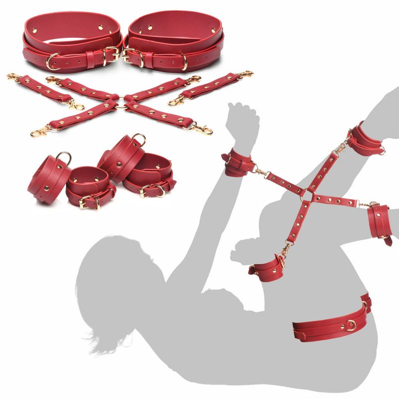 Crimson Captive vegan leather hog tie restraints set with cuffs and connectors for a playful experience.