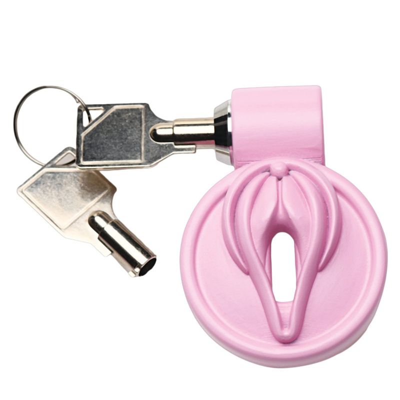Pussification Vulva Chastity Cage in pink with keys for sensual submission and restraint.