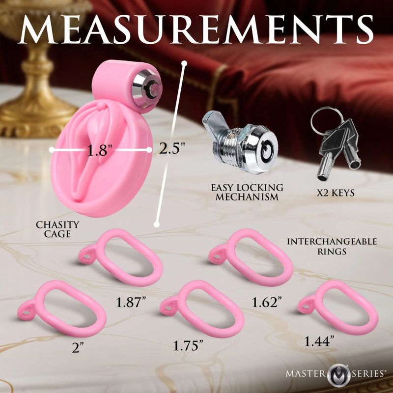 Measurements of the Pussification Vulva Chastity Cage, including interchangeable rings and locking mechanism.