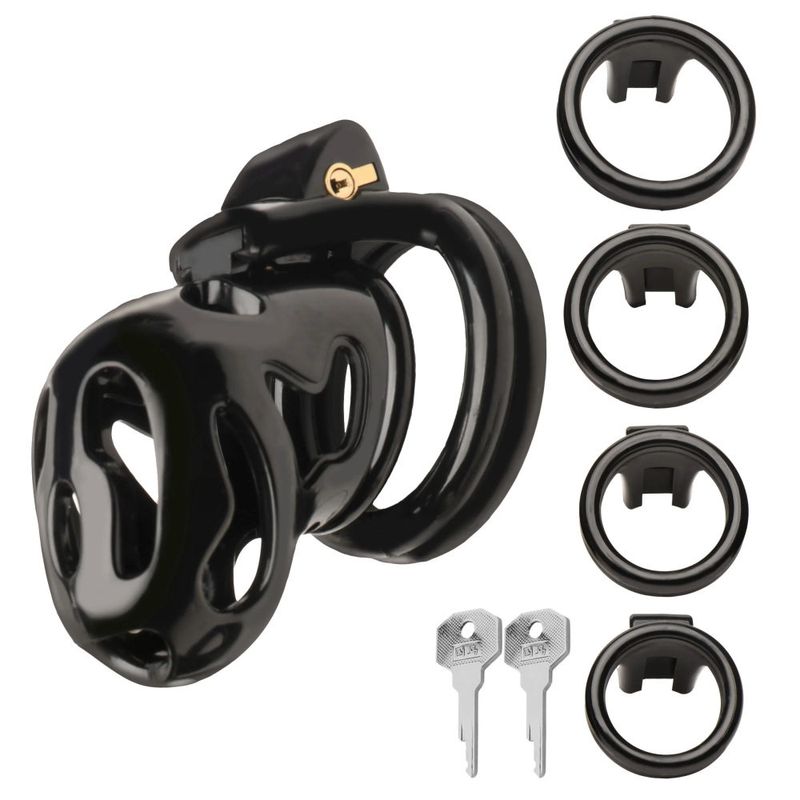 Hard Stop Double Ring Chastity Cage with adjustable rings and keys for secure and comfortable wear.