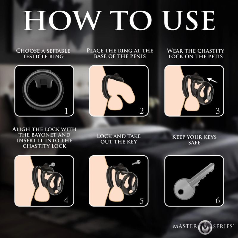 Instructions for using the Hard Stop Double Ring Chastity Cage with step-by-step visuals.