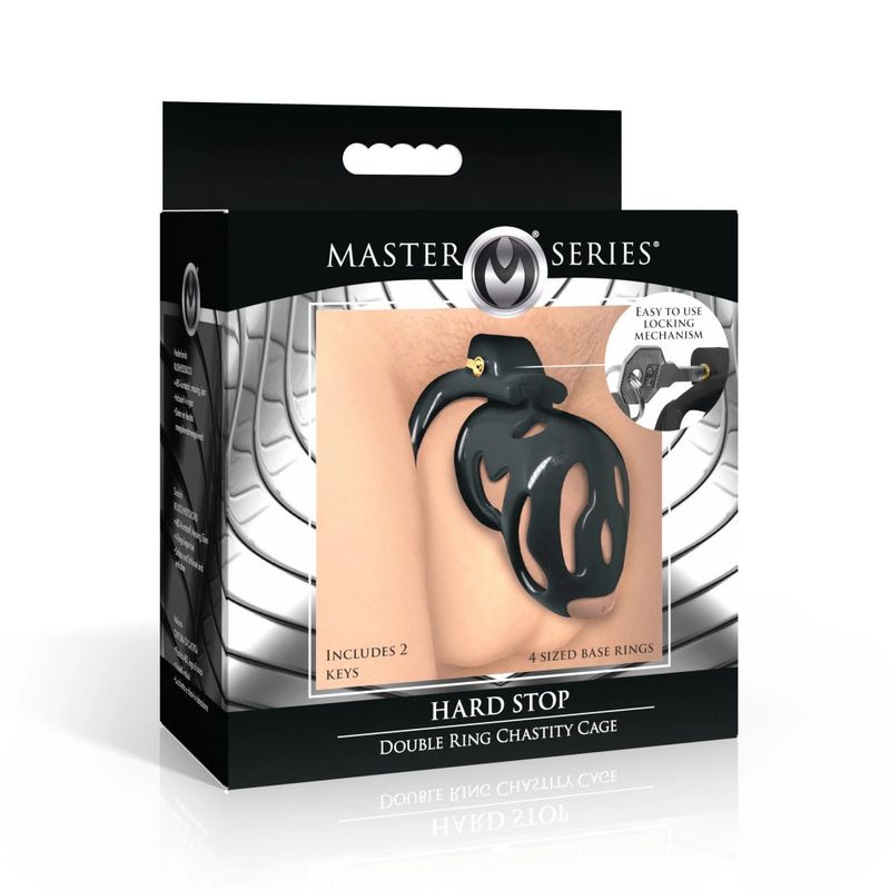 Hard Stop Double Ring Chastity Cage packaging featuring intuitive locking mechanism and included keys.