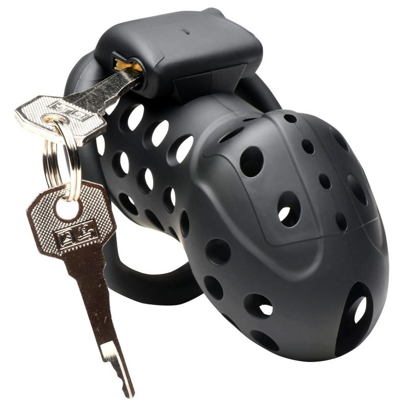 Lock Down Chastity Cage with breathable holes and keys for secure control and comfort in intimate experiences.