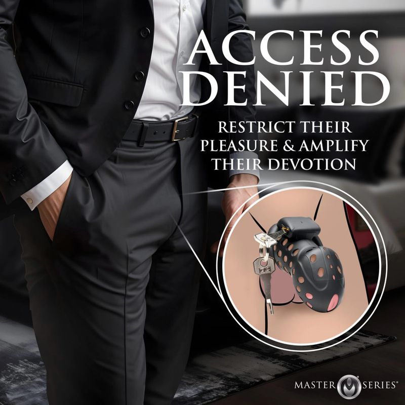 Lock Down Chastity Cage on a stylish model, showcasing submission and control in a sleek design.