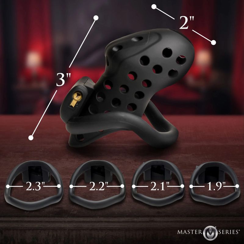 Lock Down Chastity Cage with measurement details showing breathable design and customizable ring sizes.