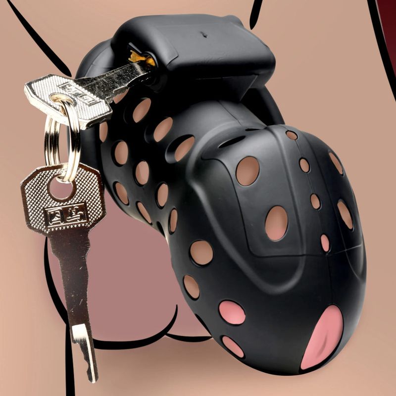 Lock Down Chastity Cage featuring a black design with breathable holes and key for secure submission