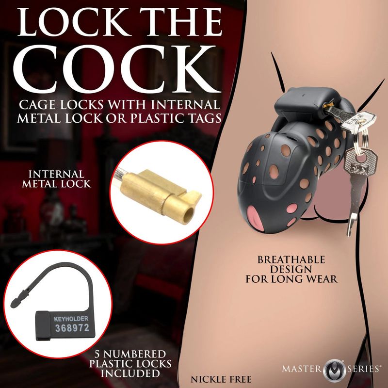 Lock Down Chastity Cage featuring breathable design, internal metal lock, and five number plastic locks included.