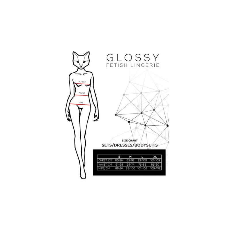Glossy Nelly Dress Wetlook Black size chart for sets, dresses, and bodysuits measurements.