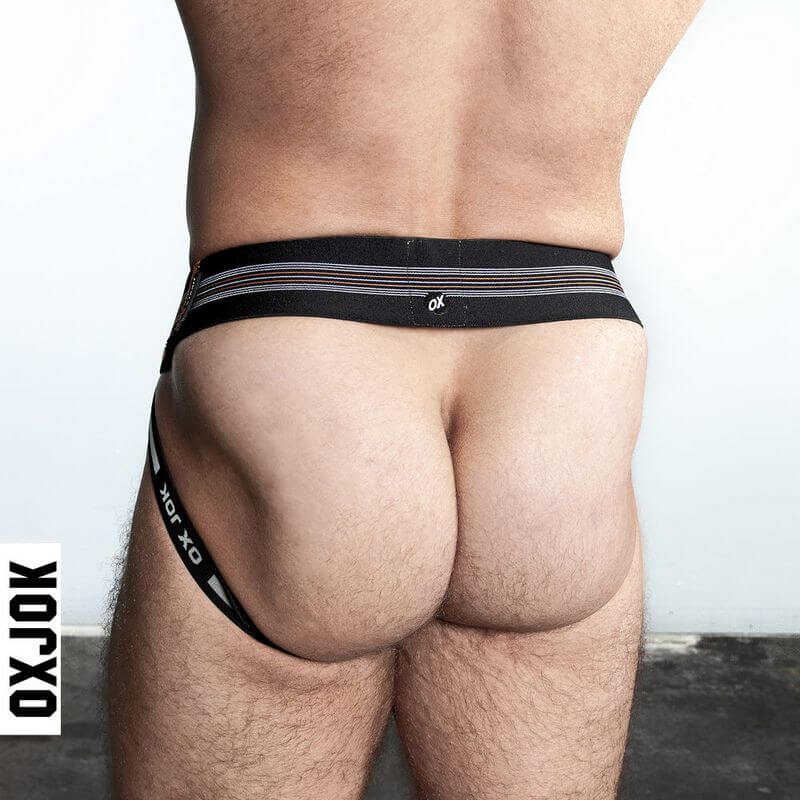 Oxballs Slingjock Upthrust Slider-Strap Jock Black Iron seen from the back, showcasing the jock's design and fit.