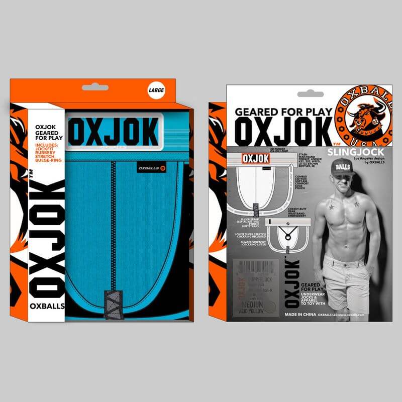 Oxballs Slingjock Upthrust Slider-Strap Jock Black Iron packaging front and back view for adult novelty use.