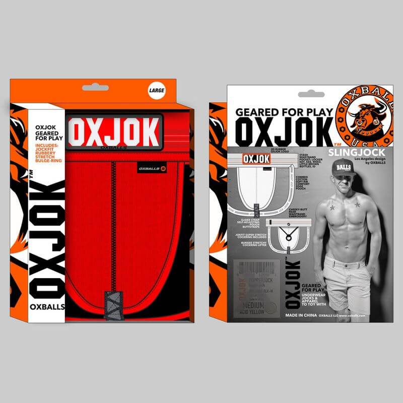 Oxballs Slingjock Upthrust Slider-Strap Jock Black Iron packaging showcasing its bold design and features.
