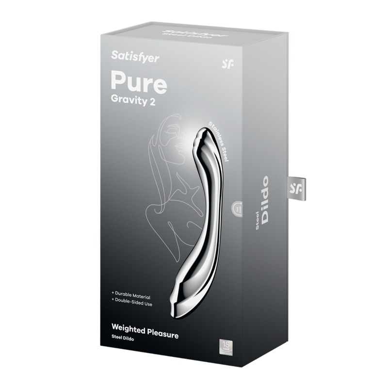 Satisfyer Pure Gravity 2 packaging showcasing a metal dildo for G-spot stimulation with features highlighted.